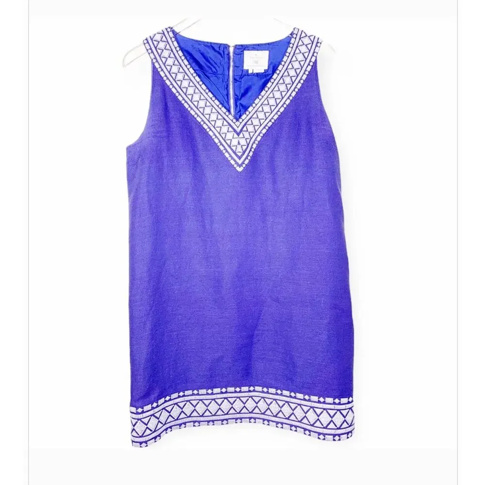 Kate Spade Laureen Linen Dress 10 Embroidered Purple Coastal Resort Travel Prep